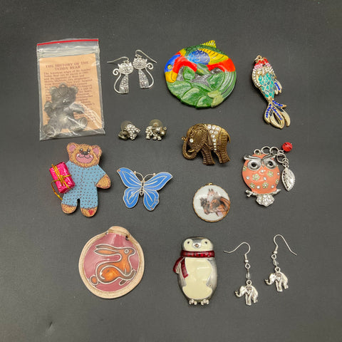 Vintage Animal Theme Costume Jewelry Lot 13pc Elephant Owl Butterfly Cat Penguin