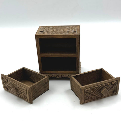 Vintage Hand Carved Wood Jewelry Trinket Box 2 Drawer Folk Art Ornate Chest