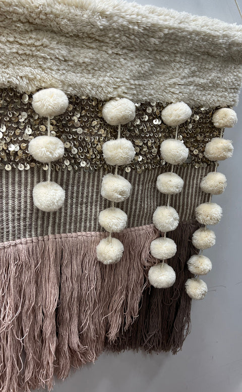 West Elm & Pottery Barn Sequined Beige Pom Pom Wall Hanging Macramé Tapestry