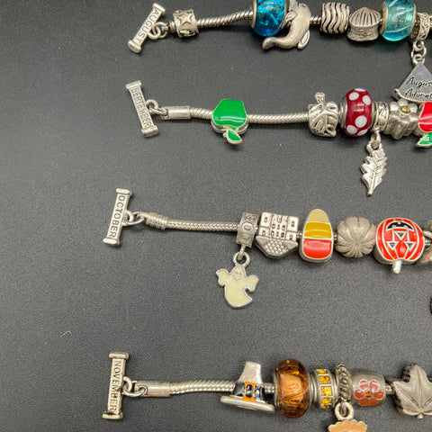 Holiday & Month Theme Charm Bracelet Lot of 8 Silver Tone Enamel Glass Beads