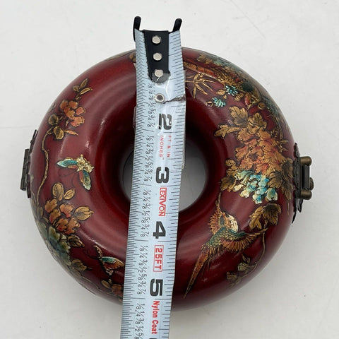 Vintage Chinoiserie Red Lacquer Toroidal Donut Jewelry Box Bird Flower 5"
