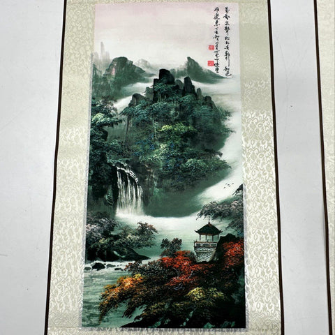 Grace Art Lot of 2 Silk Hanging Scrolls Landscape & Bamboo 32.5" Signed Art