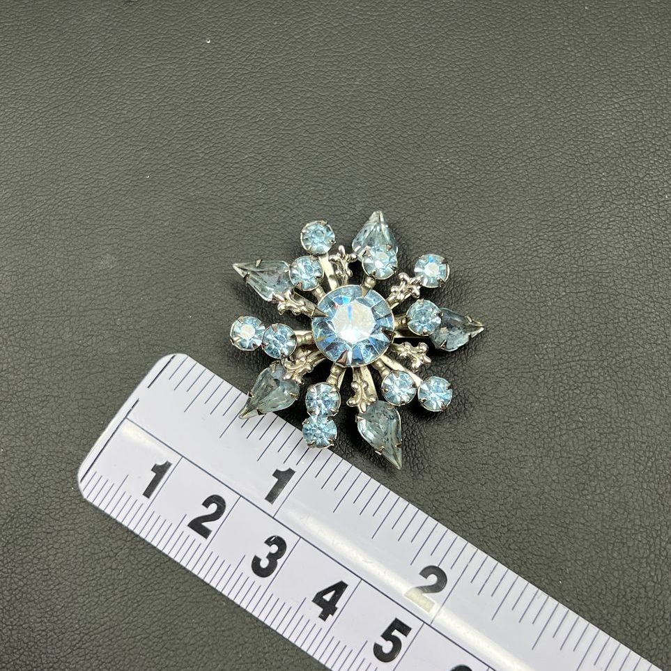 Sparkling Blue Rhinestone Snowflake Silver Tone Brooch