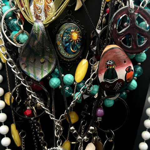 Mixed Fashion Necklace Lot Ankh Shark Tooth Peace Sign Celestial Beaded 20+ Pc