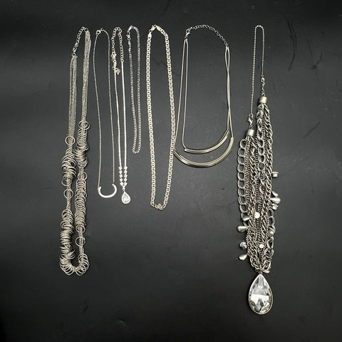 Vintage Modern Silver Tone Costume Jewelry Lot 6 Necklaces Rhinestone Pendant