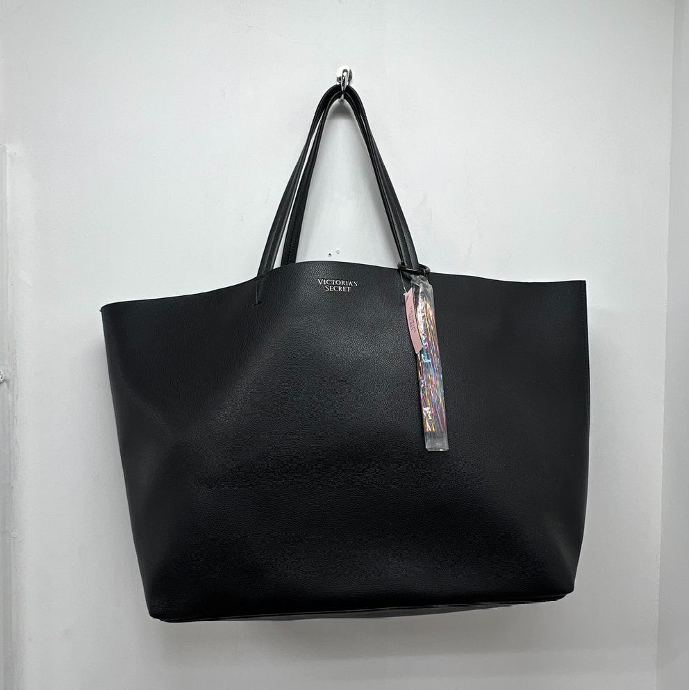 NWT Victoria Secret Large Tote Black Faux Leather Tinsel Tassel $99