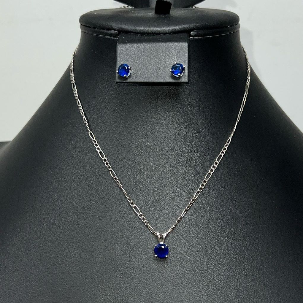 925 Sterling Silver Blue Rhinestone Necklace & Earrings Set