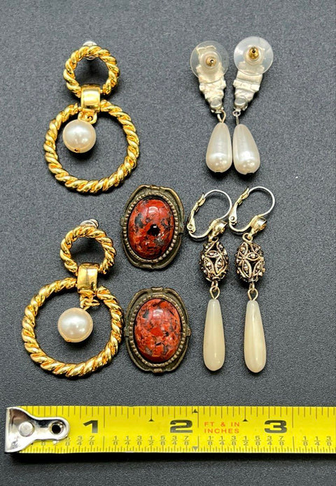 Vintage Earrings Jewelry Lot 4 Pairs Pierced Clip-On Faux Pearl Rhinestone Drop