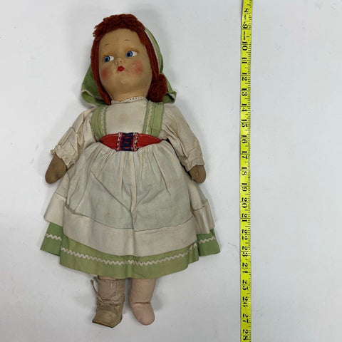 Vintage Cloth Doll 18" Peasant Outfit Mask Face Red Hair Painted Features