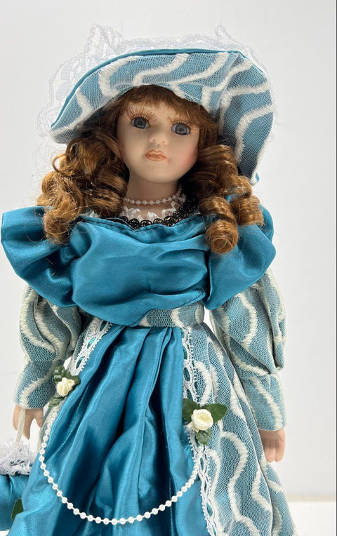 Porcelain Doll Victorian Style Teal Blue Dress 18 Inch Vintage Collector Item