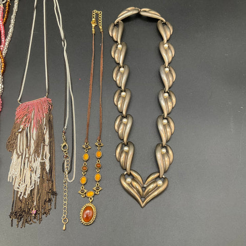 Vintage and Modern Costume Jewelry Lot 6 Necklaces Faux Pearl Heart Abalone