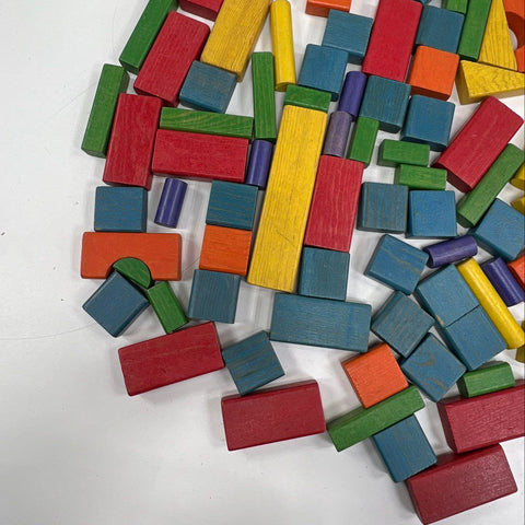 Vintage Playskool Duffle Bag O'Blocks Wooden Building Blocks Toy Lot with Bag