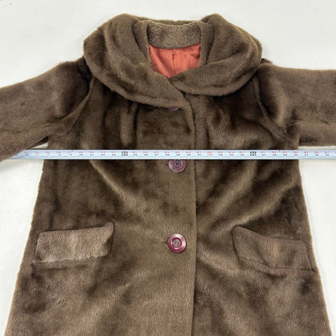 Vintage 60s Tudor City Malden Faux Fur Coat Wide Collar Union Made Brown Sz L