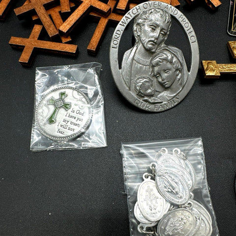 Catholic Religious Lot Medals Wooden Crosses Mezuzah Mother Angelica Pins 45pc