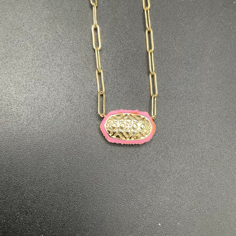 Kendra Scott Elisa Pink Enamel Frame Gold Tone Paperclip Chain Necklace