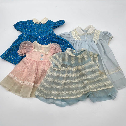 Vintage Style Doll Baby Dress Lot 4 Pieces Blue Pink Lace Mesh Prints