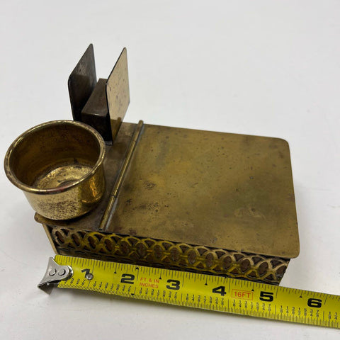 Vintage Swiss Music Box Brass Filigree Desk Caddy Inkwell Letter Holder