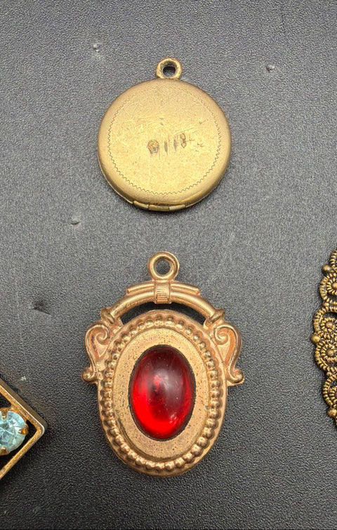 Vintage Costume Jewelry Lot Gold Tone Pendants Lockets Czechoslovakia 7pc