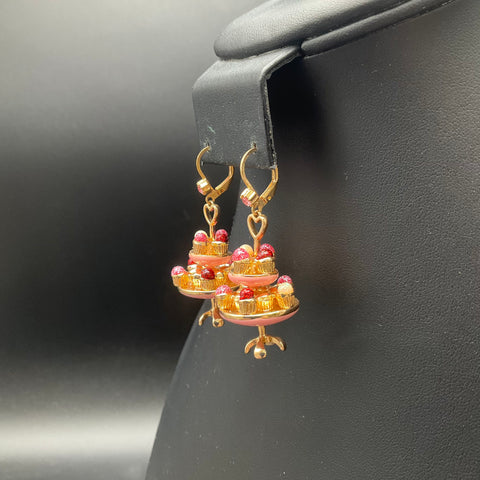 Betsey Johnson Gold Tone Pink Enamel Cupcake Stand Drop Leverback Earrings