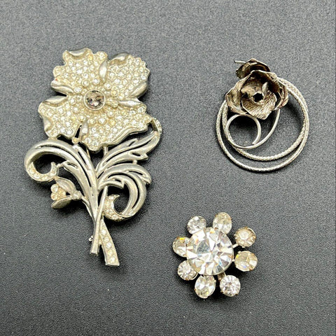 Vintage Silver Tone Rhinestone Floral Brooch Pin Lot of 3 Rose Starburst