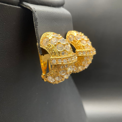 Vintage Les Bernard Gold Tone Clear Rhinestone Pave Dome Clip On Earrings