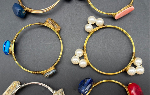 Wire Wrapped Bangle Bracelet Jewelry Lot 6pc Gold Silver Tone Faux Pearl Stone