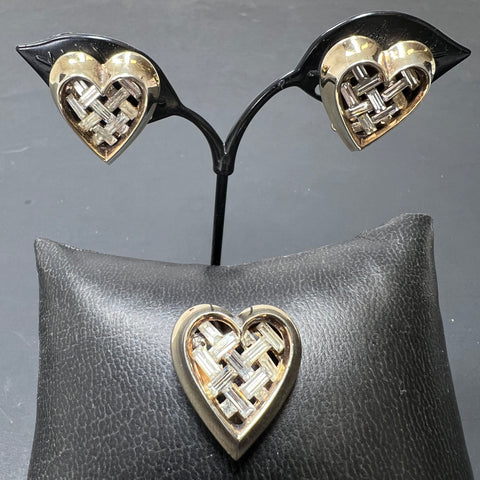 Vintage Crown Trifari Signed Heart Rhinestone Basket Weave Pin & Clip Earrings