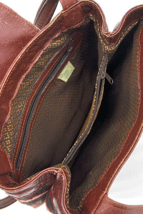 Vintage 90s Yun Art Brown Woven Kilim Southwestern Leather Shoulder Bag Tote