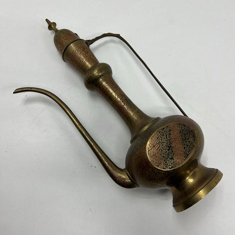 Vintage Indian Etched Brass Ewer Teapot Pitcher Aftaba Boho Home Decor