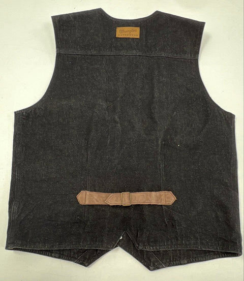Vintage 90s Wrangler Plaid Lined Black Denim Cinch Back Vest Sz L