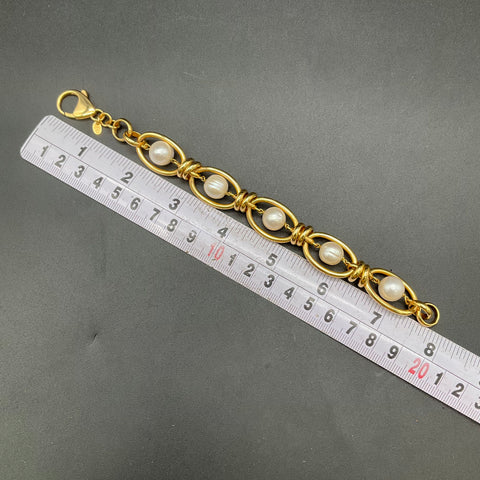 Honora Gold Tone Bronze Cultured Pearl Oval Link Bracelet Italy 8"