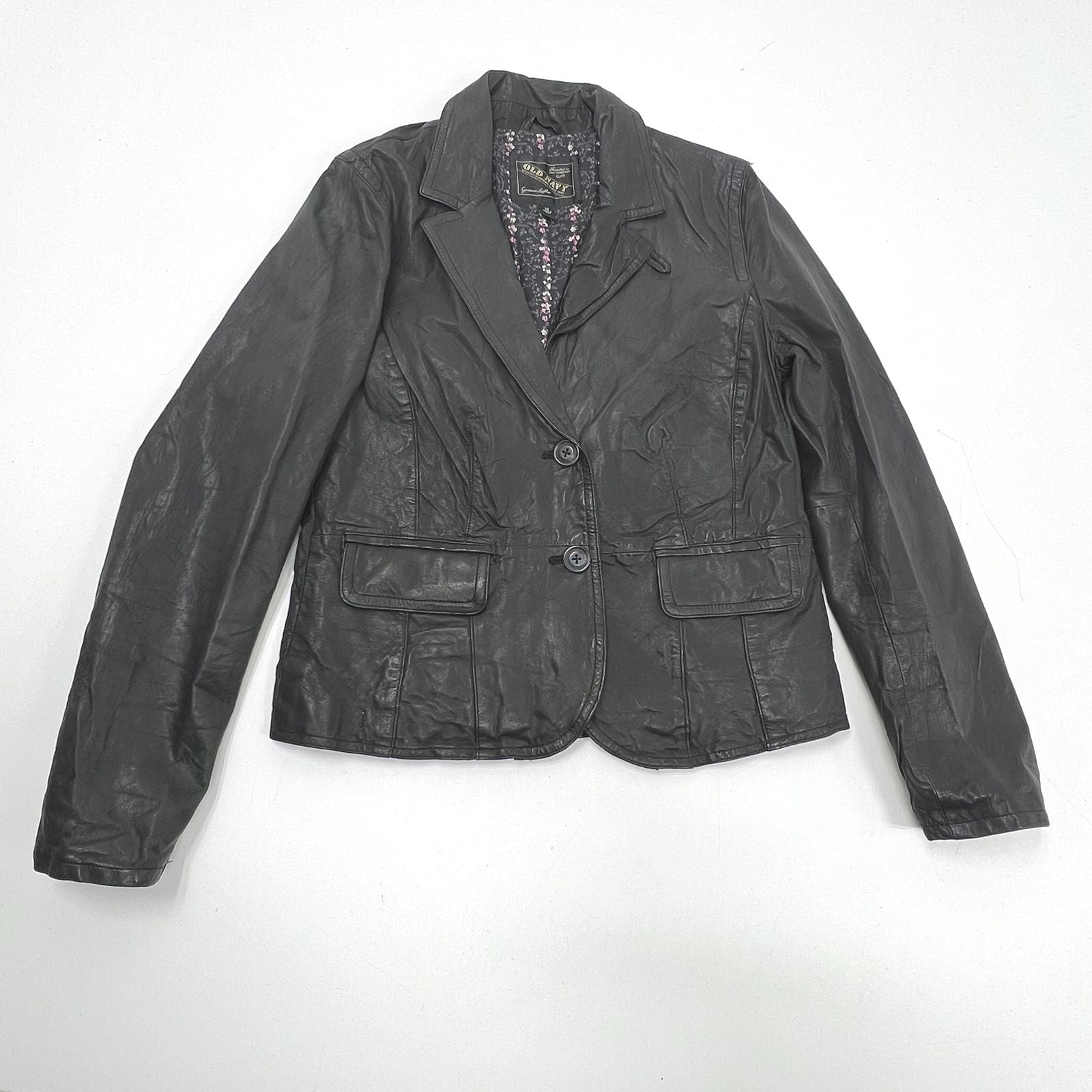 Vintage Y2K Old Navy Black Leather Blazer Floral Lined Jacket Womens M