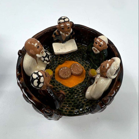 Ceramic Central Asian Tapchan Figurine Men Gathering Hand-Painted With Box