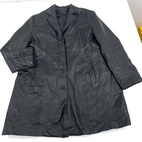 Vintage 90s Phase Two Black Leather Button Front Long Jacket Coat Sz 1XL