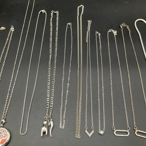 Silver Tone Fashion Jewelry Lot of 14 Necklaces Pendants Rhinestone Faux Pearl