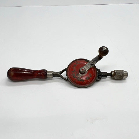 Vintage Eggbeater Hand Drill 12" Wood Handle Manual Red Gear Tested Works
