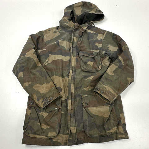 Vintage Old Navy Men's Woodland Camo Quilted Lined Hooded Field Jacket Coat Sz M