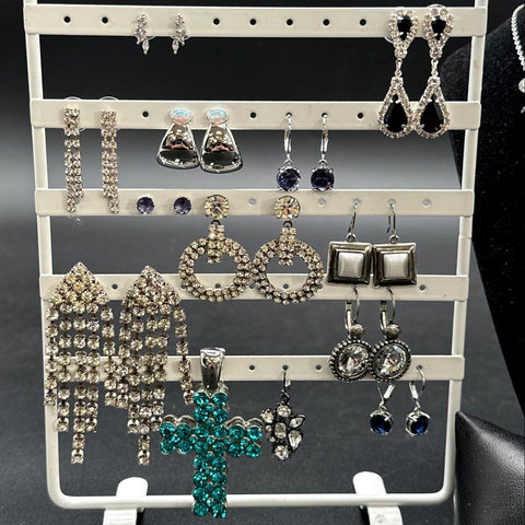 Silver Tone Rhinestone Costume Jewelry Lot 22pc Necklaces Earrings Bracelets