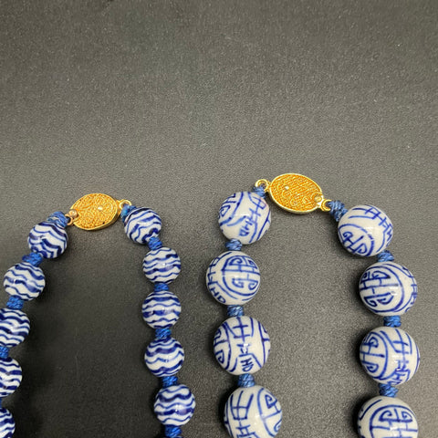 Vintage Chinese Blue and White Porcelain Bead Necklace Lot of 2 Shou Export