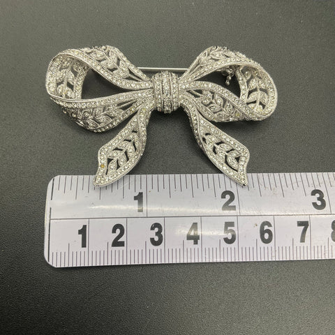 Nadri Silver Tone Rhinestone Art Deco Style Bow Brooch Pin 2.5"