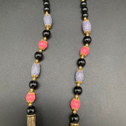 Vintage Butterfly Statement Pendant Necklace Beaded Black Red Purple 22"