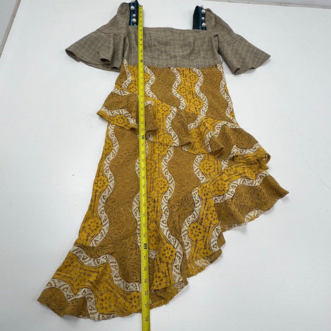 LuLualways Yellow Brown Plaid Lace Ruffle Asymmetrical Dress Women's Size 9