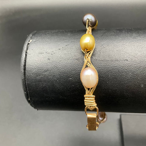 Kula Kala Gold Filled Multi-Color Pearl Wire Wrapped Braid Bracelet 7.25"