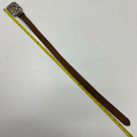 Nocona Brown Western Leather Crossed Guns Revolver Floral Buckle Belt Womens 26