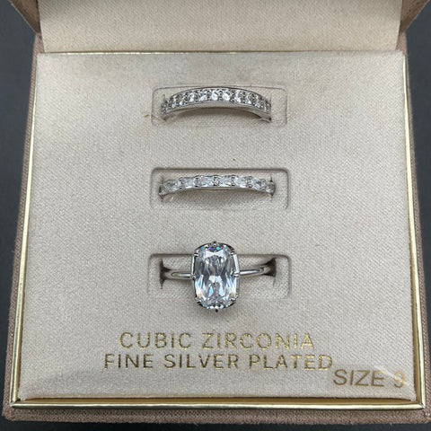 Primrose Fine Silver Plated Cubic Zirconia 3 Piece Ring Set Size 9 With Box