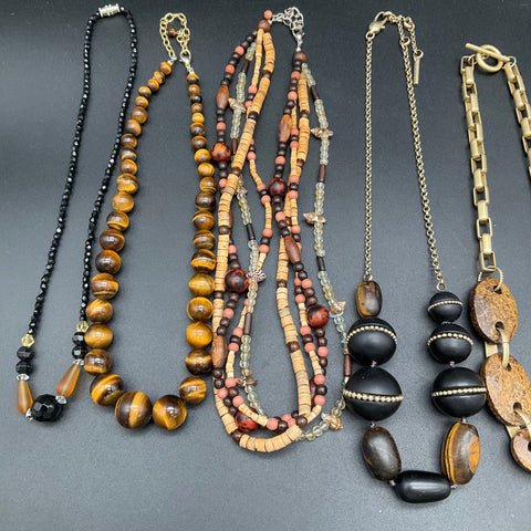 Boho Jewelry Lot 10pc Necklaces Tiger's Eye Wood Stone Shell Beaded Mixed Styles