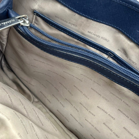 Michael Kors Navy Blue Saffiano Leather Jet Set Travel Tote Bag Silver Hardware