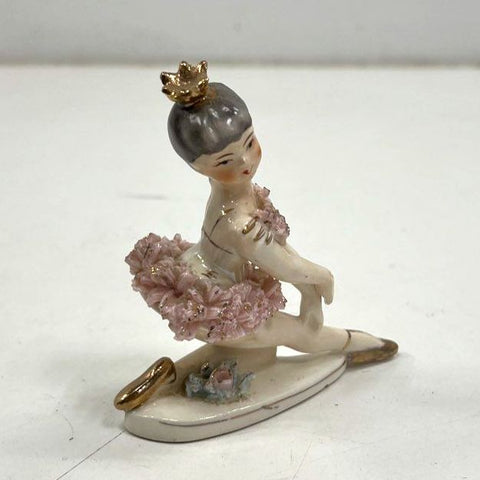Vintage Spaghetti Ballerina Figurine Pink Tutu Gold Crown Mid-Century Porcelain