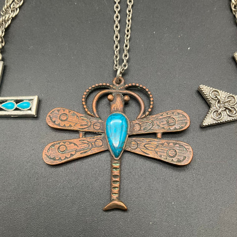 Vintage Boho Southwestern Necklace Jewelry Lot of 3 Cross Dragonfly Pendants