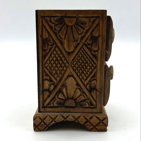 Vintage Hand Carved Wood Jewelry Trinket Box 2 Drawer Folk Art Ornate Chest